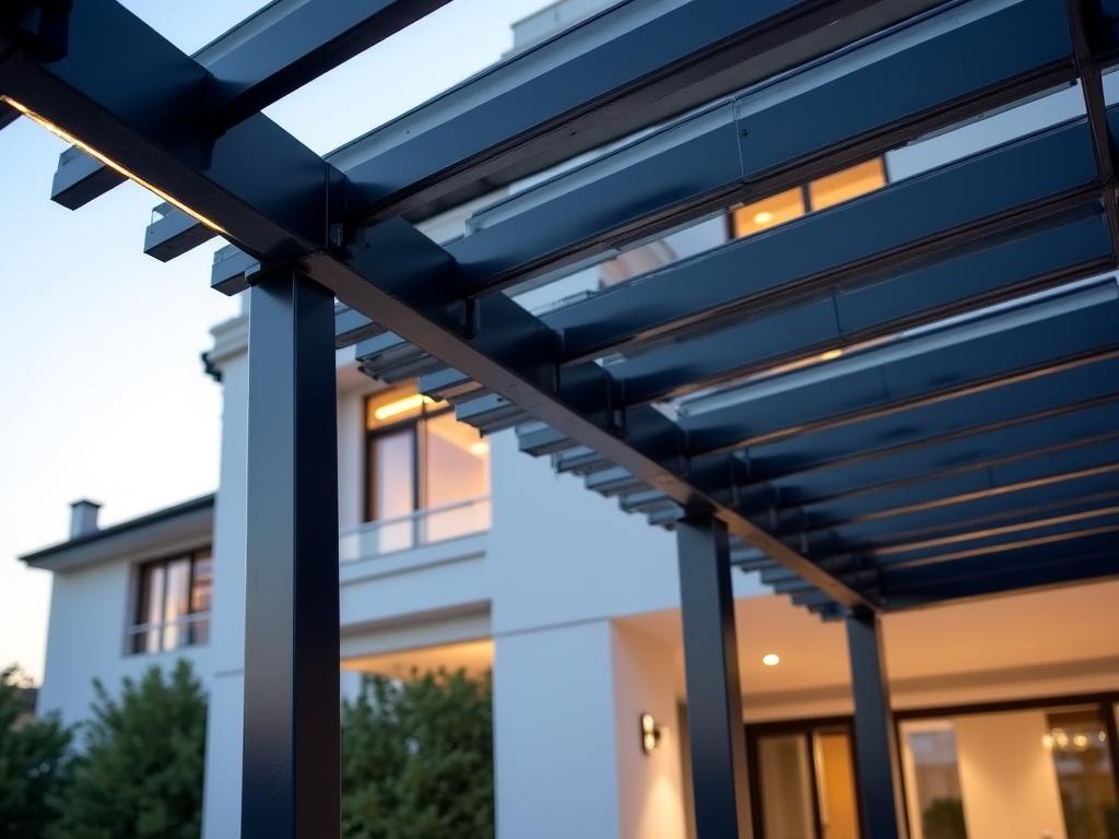 Detalle estructural de pérgola bioclimática moderna